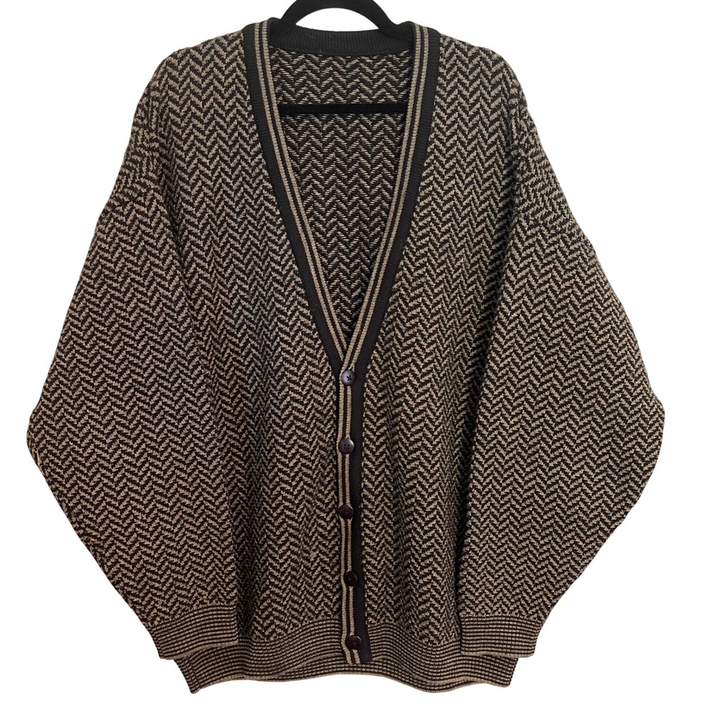 Vintage Herringbone Zigzag Knit Cardigan Sweater Black Tan V-Neck 2XL Grandpa